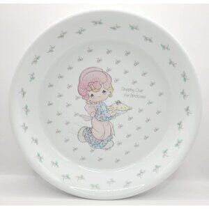 Vtg Precious Moments 1986 Christmas Pie Dish Plate "Dropping Over For Christmas"